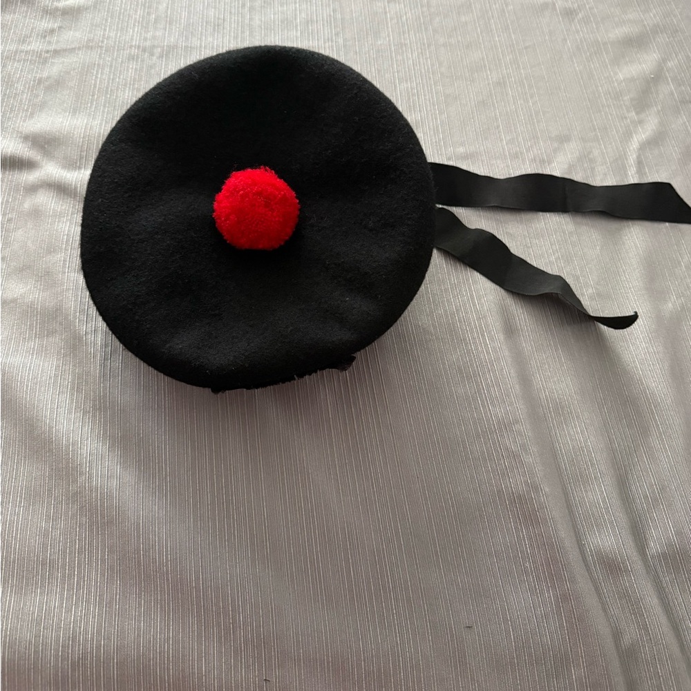 Black Beret with Red Pom Pom/ Scotland